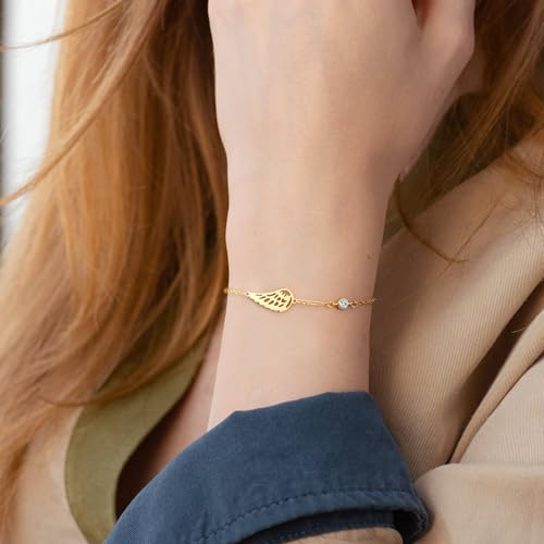 Sympathy Gifts for Loss of Loved One Birthstone Bracelets for Women 14K Gold Plated Angel Wing Memory Bracelet Sorry for Your Loss Gifts Memorial Protection Remembrance Birthday Jewelry3