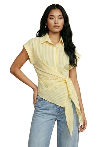 Image of Women Striped Wrap Style Cotton Shirt Drop Shoulder Casual Wear