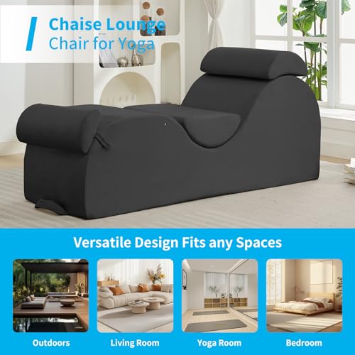 Mjkone Yoga Chair for Adult, Velvet Yoga Chaise with Headrest, Waist Cushion, Movable Footrest, Side Pockets, Curved Chaise Lounge Chair Indoor for Relaxation Stretching - Dark Grey - Thumbnail 7