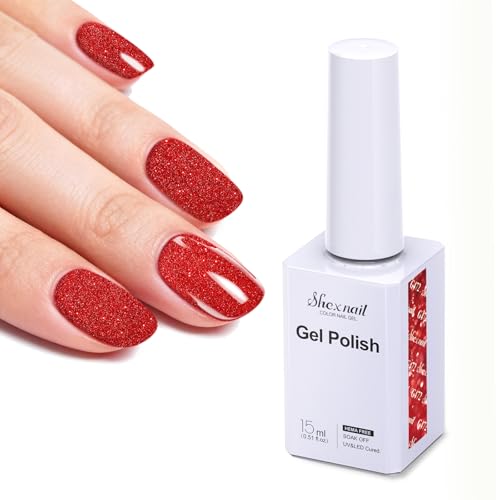 Hema-Free Gel Nail Polish 15ml Long Lasting Hypoallergenic Professional Nail Color with Brilliant Shine Salon-Quality UV Polish for Sensitive Skin Home DIY Nail Art Gifts for Women (Red Glitter)