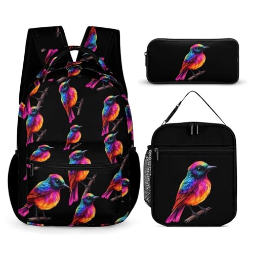 Colorful Bird Cute Print Backpack Set of 3 Portable Lunchbox Pencil Cases for Daily Travel