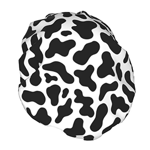 Image of Black And White Cow Skin Abstract Animal Farm Shower Cap For Women Adjustable Double Waterproof Layers Bathing Bath Cap Hair Protection Reusable Ladies Spa Salon Shower Hat