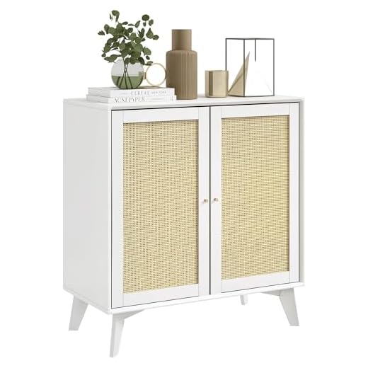 HOMCOM Buffet Bas, Meuble de Rangement, Design bohème, Double Portes avec 2 Niveaux, Buffet de Cuisine avec façade en rotin, 80 x 40 x 85 cm, Blanc