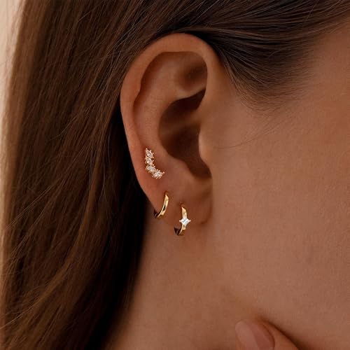Image of Gold Earrings for Women, 14k Gold Plated Dangle Huggie Earrings for Women Trendy Dainty Gold Hoop Earring Stacks Hypoallergenic Pearl Chain Drop Cartilage Earring Fashion Womens Jewelry