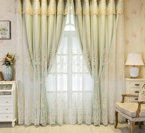 Rideau de cuisine occultant double couche polyester vert broderie dentelle 160H CM
