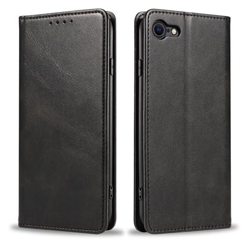 Yisica Funda para iPhone SE 2022/2020/8/7, Funda de PU Piel Sintética de Primera Calidad, Funda con Tapa, Cierre Magnético, Funda con Soporte, Negro