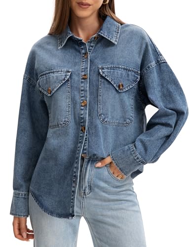 Women's Oversized Denim Shirt Long Sleeve Boyfriend Jean Jacket Button Down Blouse Top