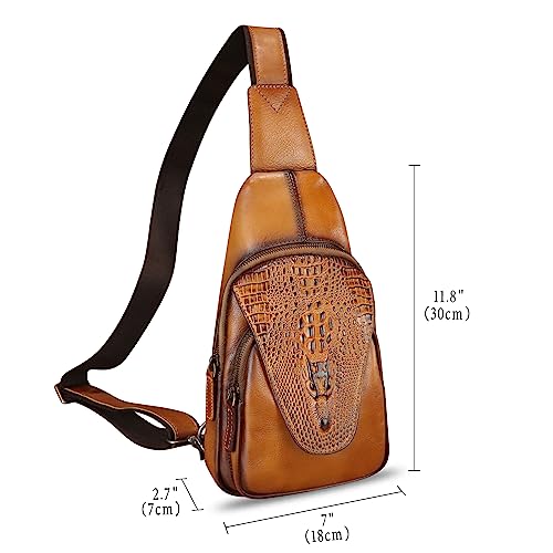 Image of Genuine Leather Sling Bag Embossed Crocodile Pattern Leather Crossbody Sling Backpack Handmade Chest Purse Daypack (Brown)
