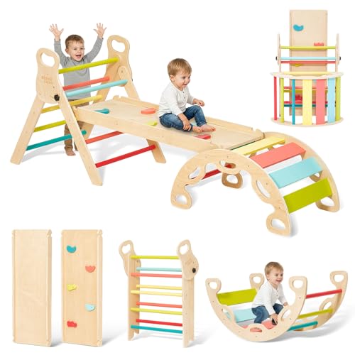 Giant bean Klettergerüst Indoor ab 1 Jahr Klettergerüst Indoor 5-in-1 Montessori Kletterdreieck mit Kletterbogen und Rutsche, Regenbogen mit Griff (S)