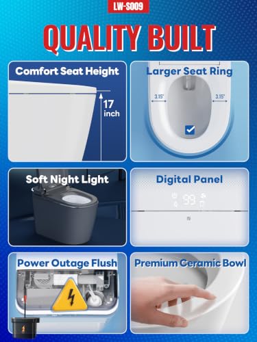 Inodoro inteligente LW con bidet integrado, escudo de espuma, tapa automática, descarga automática, operación con el pie, tanque incorporado, descarga asistida por bomba, asiento calefactado, lavado con agua tibia y secador miniatura 7