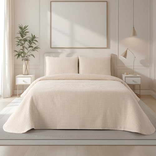 Casa da Laura - Colcha Beige para Camas 180/200 - 280 x 260 cm - Elegante patrón de Waffle - 100% Algodón Prelavado