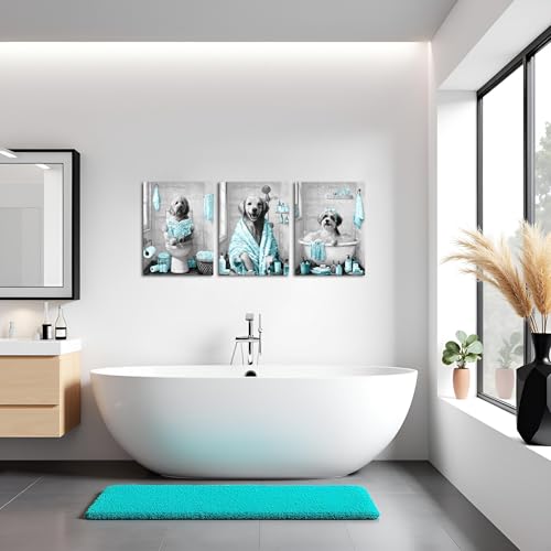 Image of sechars Funny Dogs Bathroom Wall Art Grey and Teal Bath Decor Cute Animal Painting Canvas Print (Teal)