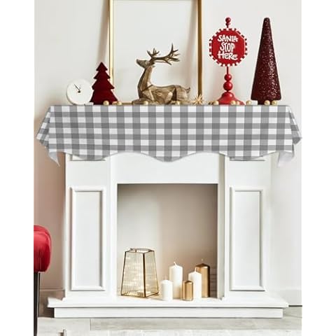 ZFUNCING Farmhouse Gray and White Buffalo Plaid Check Mantel Scarf Fireplace Top Runner,Mantel Scarves Cover Table Runners for Home Daily Use Holiday Party Decor 90x17in,Classic Lattice Grid Cover