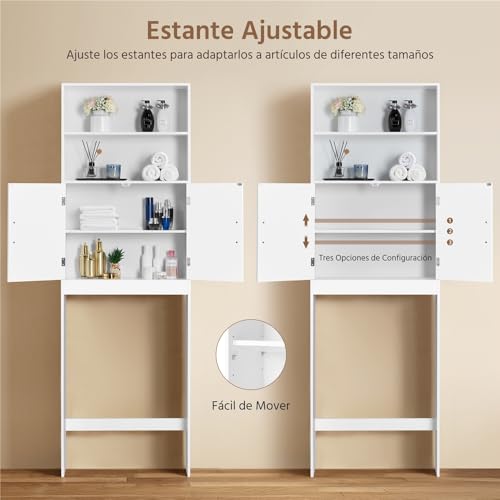 Yaheetech Mueble sobre Inodoro 72x20x195 cm con Estante Ajustable y 2 Puertas Armario para el Inodoro Almacenamiento sobre el Inodoro WC Mueble para Baño - imagen 7
