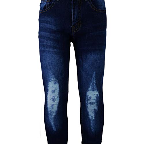 Kids Boys Stretchy Jeans Knee Ripped Denim Dark Blue Skinny Bikers Pants Trouser2