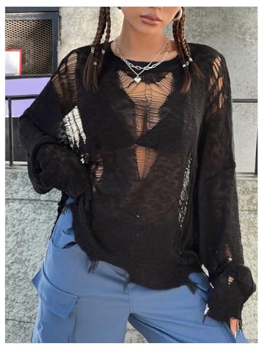 Verdusa Women's Hollow Out Crochet Sweaters Top Long Sleeve Ripped Knit Top Gothic Clothes Concert Outfits Fall Clothes4