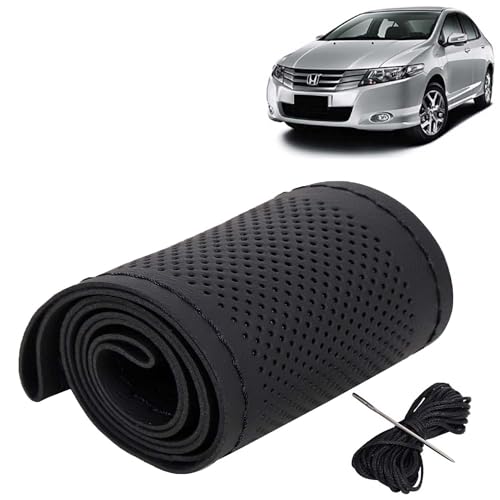 Image of KINGSWAY PU Leatherite Car Steering Cover Sewable Compatible with Honda City (Year 2009-2013), Black Color with Black Thread, Pack of 1 with Sewing Needle and Thread