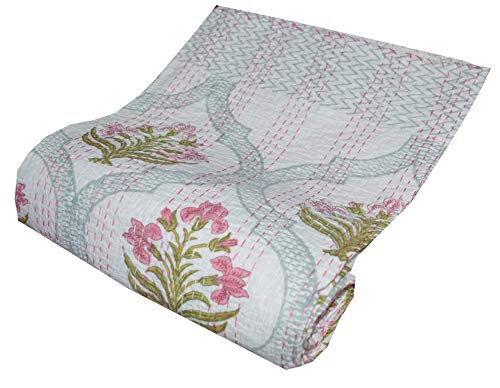 YUVANCRAFTS Colcha de algodón con estampado de bloques indios, tamaño Queen, Kantha, colcha Kantha, colcha de algodón, colcha bohemia Kantha (blanco, tamaño individual de 90 x 60 pulgadas)