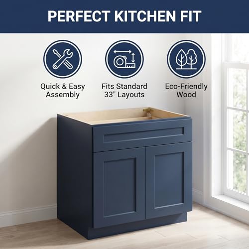 Mueble para baño base de lavabo de madera sólida pintado azul marino 33"W x 24"D x 34.5"H RTA listo para armar con doble puerta miniatura 4