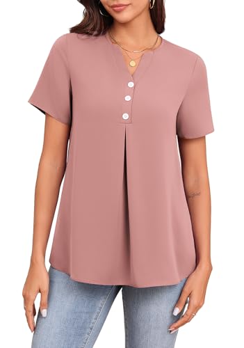 Askyes Womens Chiffon Blouses 2024 Plus Size Henley Shirts V-Neck Work T-Shirts Tops for Women,Pink,3XL — view 6