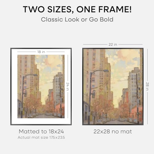 Image of Homeforia 22x28 Poster Frame Black, High End Metal 22 x 28 Large Picture Frames with Mat 18 x 24 for Photo, 22x28 Thin Frame Matted to 18x24 inch Print, 28x22 Frame, Tempered Glass, Wall Kit, Set of 2