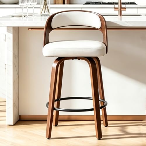 Image of Swivel Bar Stools Set of 1, 26 inch Counter Height Bar Stools with Curved Backrest, Mid-Century Modern PU Fabric Modern Island Chairs with Footrest, for Kitchen, Bar, Restaurant, Cafe, White