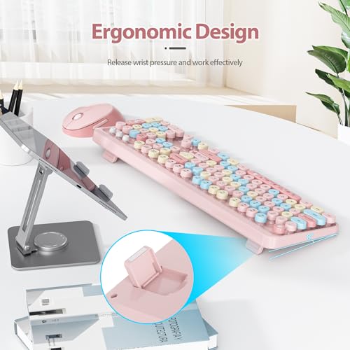 Image of Fogruaden Pink Keyboard and Mouse Wireless, Retro Typewriter Keyboard, 2.4GHz 104 Keys Full Size Cute Keyboard with Number Pad, Pink Colorful Keyboard with Retro Round Keycaps for Windows PC Laptop