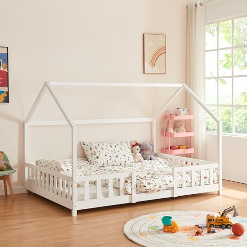 [en.casa] Kinderbett Sisimiut Hausbett Montessori 140 x 200 cm mit Rausfallschutz Holzbett für...