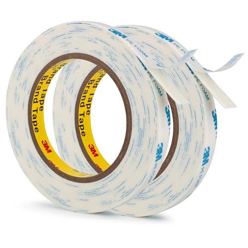 3M 1600T Double Sided Tape, 0.5 in x 18 ft White PE Foam Tape, 2 Pack