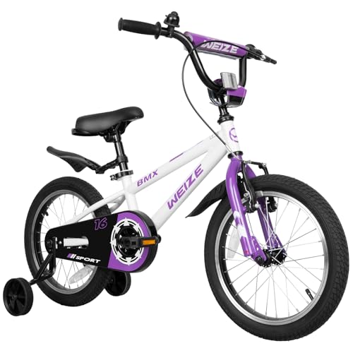 WEIZE Kids Bikes,16 Inch Boy's Bike for Kids,BMX Style Bicycle for Boys Girls Ages 4-12 Years Old,Kids Bicycle with Adjustable Seat,Training Wheels,Front and Rear Fender,Multiple Color Options,White