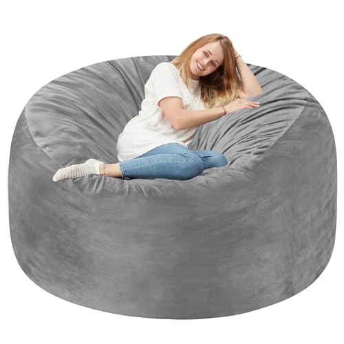 Homguava 5 FT Bean Bag Chair: 5' Bean Bags with Memory Foam Filled, Large Beanbag Chairs Soft Sofa with Dutch Velvet Cover-Light Grey