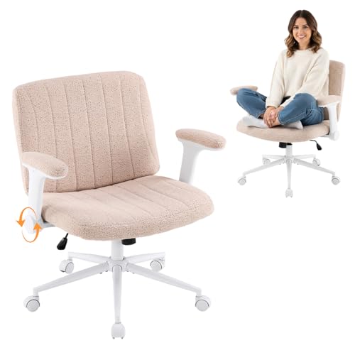 VINGLI Criss Cross Chair with Adjustable Flip-Up Arms,Cross Legged Chair with Wheels,Extra Wide Office Chair,Desk Chair for Home Office,Vanity,Bedroom, Apartment,Starry Chenille,Pink