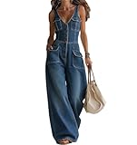 Mono de Mezclilla para Mujer Sexy sin Mangas con Cuello en V Camisola Cintura ahumada Pierna Ancha Jean Mono Largo Mameluco,Dark Blue,L