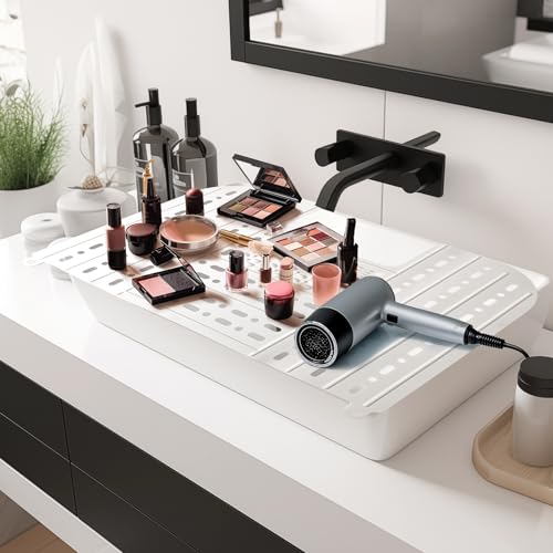 IeBilif Bathroom Sink Cover for Counter Space, Foldable Sink Covers, Makeup Organizer Mat Space Saver with Hanging Loop, Silicone Makeup Brush Cleaner Mat for Bathroom(White)