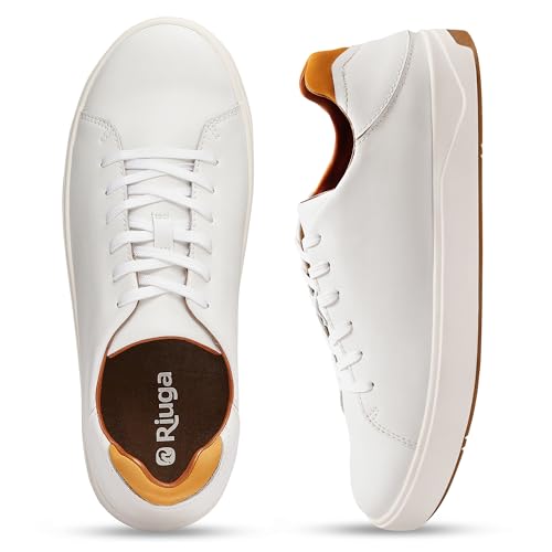 RIUGA Men's Fashion Leather Sneakers - Orthopedic Casual Dress Shoes with Arch Support &Collapsible Heel，All Weather Rubber Soles, Comfortable Walking Shoes for Men Bright White
