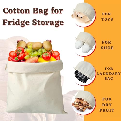 Image of Reusable Cotton Drawstring Storage Bags Set of 6 (2 Small, 2 Medium, 2 Large) | Washable Eco-Friendly Grocery & Vegetable Bags