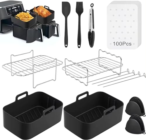 Silicone Air Fryer Liner - Airfryer Liners 9 Pcs Set for Dual Zone Air Fryers Compatible with Ninja Foodi AF400UK & AF300UK & Tower T17088 & Other 7.6L-9.5L Reusable Air Fryer Liners & Gloves