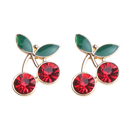 coadipress 18K Gold Plated Red Cherry Stud Earrings for Women Elegant Shining Green Emerald Leaf CZ Crystal Ruby Cherries Post Earring