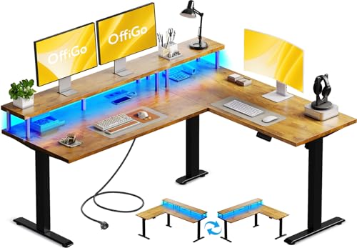 OffiGo Schreibtisch Höhenverstellbar, 150x120cm Eckschreibtisch Höhenverstellbar mit Monitorhalterung, Elektrisch Schreibtisch L Form mit Steckdosen, Computertisch mit LED Lichtleiste für Büro, Braun