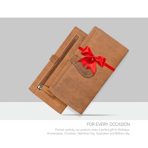 Image of Real Leather Women Wallet Leather with RFID Blocking -Trifold Card Holder Designer Ladies Clutch with ID Window Wallets, Cognac, Small, Vintage, Minimalist