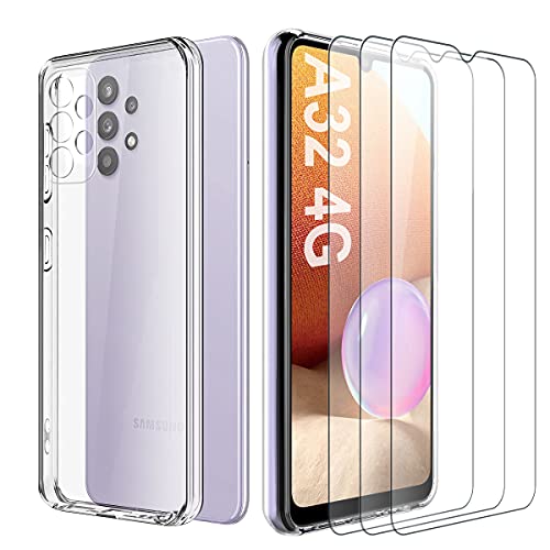 Pnakqil Funda Compatible con Samsung Galaxy A32 4G de 6,4 Pulgadas, con 3 Protector de Pantalla de Cristal blindado de Pantalla 9H, Silicona TPU...