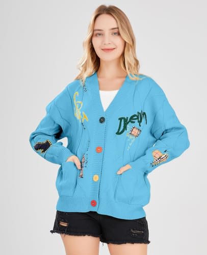 Image of utcoco Womens Open Front Cardigan Cable Knit Long Sleeve Button Down Embroidery Cardigan Sweaters