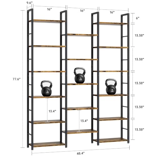 Image of Shintenchi Triple Column 6 Tier Bookshelf, Industrial Large Bookcase Display Shelves, Large Etagere Bookshelf,Wide Book Shelf Book Case for Home & Office, Rustic Brown