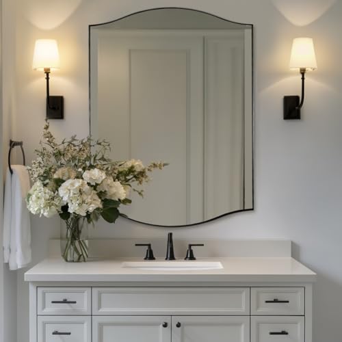 Image of ANDY STAR 30 inchx40 inch Scalloped Wall Mirror,Matte Black Rectangle Bathroom Mirror with Curved Edge Stainless Steel Metal Frame, Large Wall-Mounted Mirror for Bathroom, Entryway (Horizontal /Vertical)
