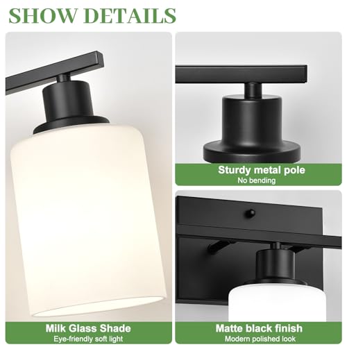 Image of MOKATNG 3-Light Bathroom Light Fixtures, Vanity Light with Milky White Shades, Matte Black Bathroom Light Fixtures Over Mirror, Modern Bathroom Wall Lamp for Mirror Living Room Cabinet Bedroom