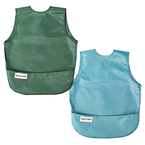 Tiny Twinkle Mess-Proof Apron Toddler Bibs w/Tug-Proof Closure, Baby Food Bibs, 2 Pack (Slate Olive, Small 6-24 Months) Cover