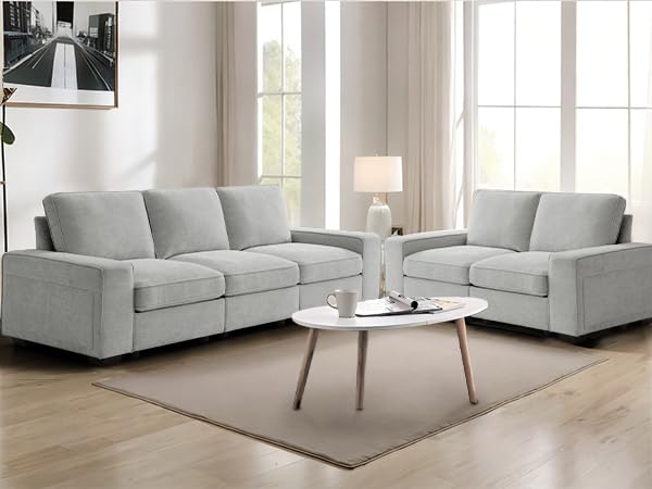 Image of TEKAMON 128 inch Modular Sofa Couch with Seat Storage, Chenille Sofa,Modern Comfy 4-Seater Couch for Living Room, Office, Apart W /Deep Seat, Wide Armrest, USB, Pockets, Removable Covers (Light Grey)
