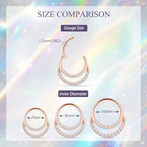 GAGABODY Daith Earrings 16G Septum Clicker Conch Piercing Jewelry 316L Surgical Steel Seamless Hoop Nose Ring 10mm Double Clear CZ Rose Gold by GAGABODY - Used condition - Image 3