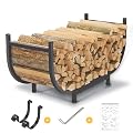 PROWORX Curved Firewood Rack Outdoor Indoor, Black 30 Inch Rustproof Fire Wood Storage Organizer, Metal Fireplace Log Holder with Removable Kindling Hooks
