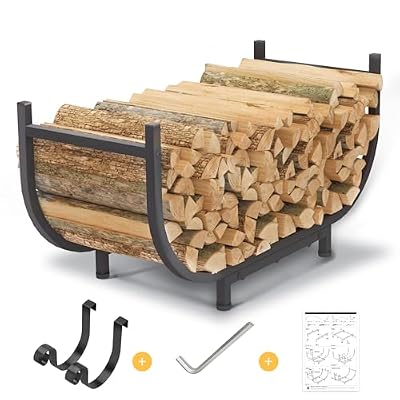 PROWORX Curved Firewood Rack Outdoor Indoor, Black 30 Inch Rustproof Fire Wood Storage Organizer, Metal Fireplace Log Holder with Removable Kindling Hooks